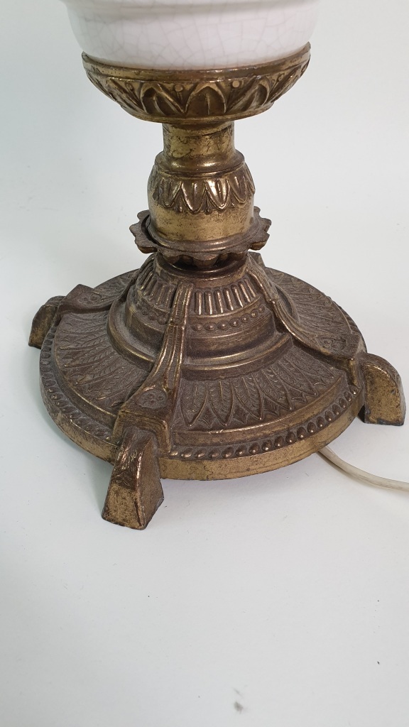 Antieke Italiaanse tafellamp, messing, aardewerk, glas.